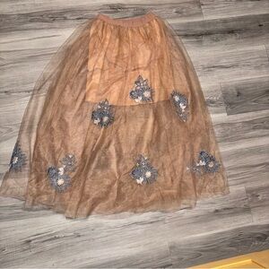 Haute Monde Brown Tan Midi A-Line Skirt Embellished (Tulle)